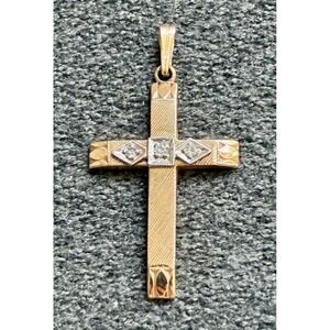 Vintage 14K Gold 3 Diamond Cross Pendant Two Tone Art Deco 1.00g Signed